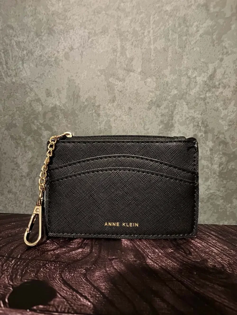 Anne Klein Black Saffiano Zip-Top Card Holder with Keychain